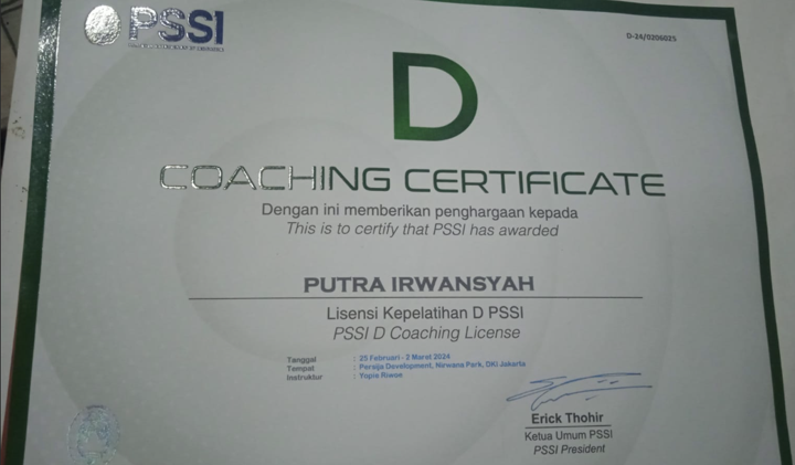 Sertifikat Coach Putra Irwansyah