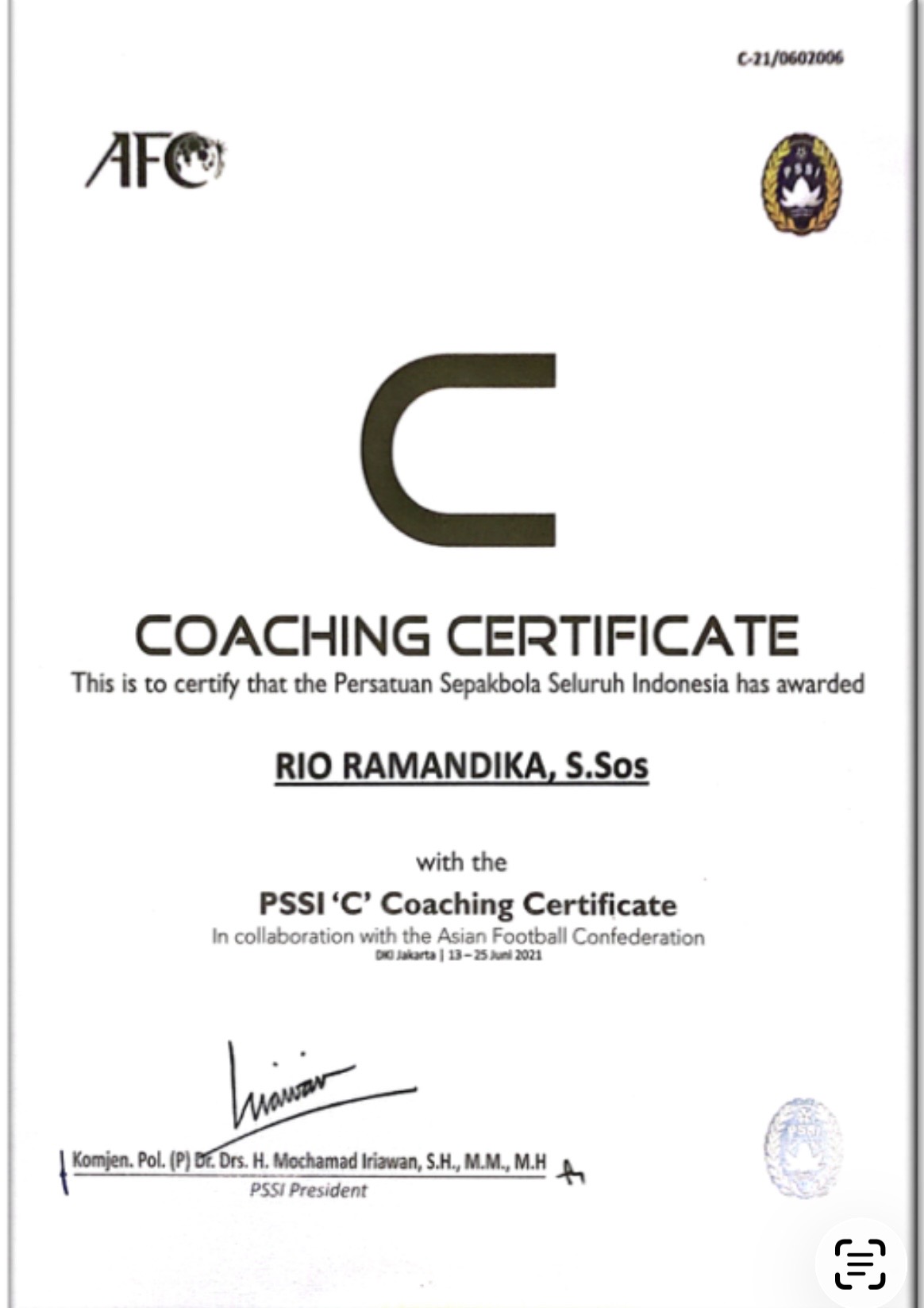 Sertifikat Coach Rio Ramandika